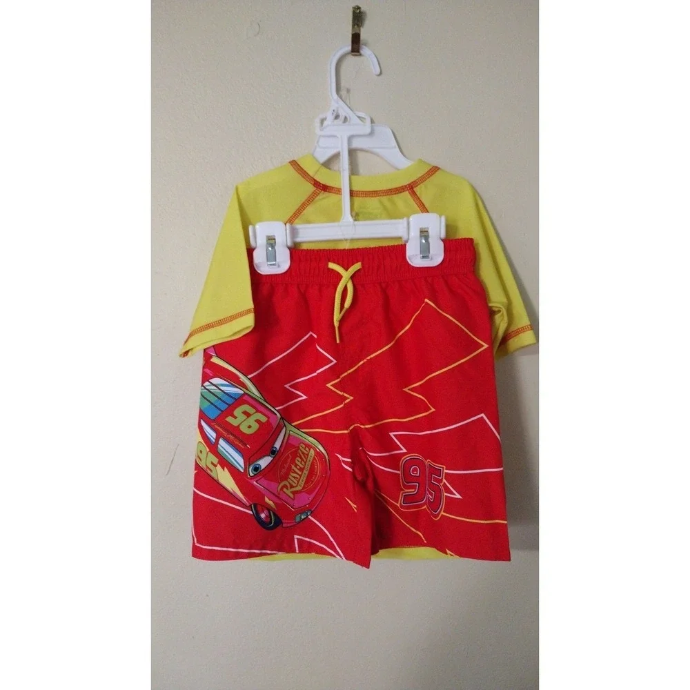 Disney Pixar Cars Lightning McQueen Rash Guard Swim Trunks Set Yellow Red 4T